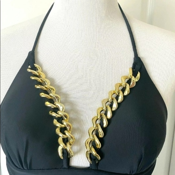 Womens Swimbay Size Small One Piece Bathing Swimsuit Black Gold Neck Cut Out EUC - Picture 2 of 6